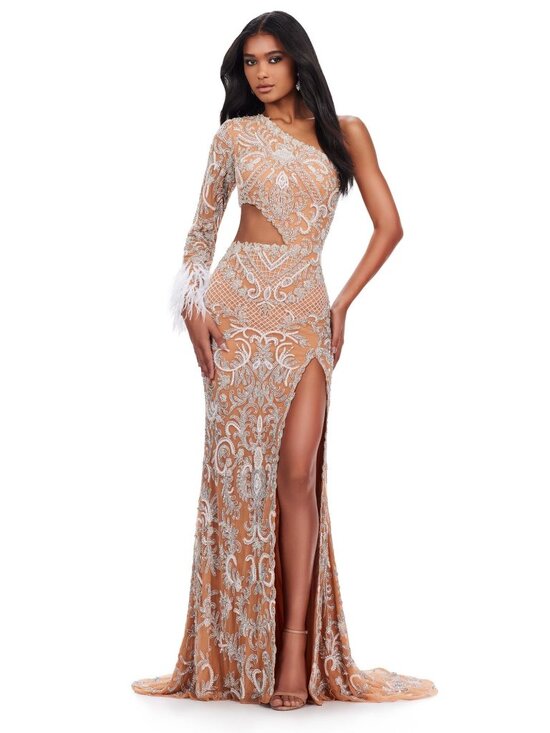 Ashley lauren Dresses & Skirts - Ashley lauren size 6 nude and white feather beaded one shoulder cutout dress